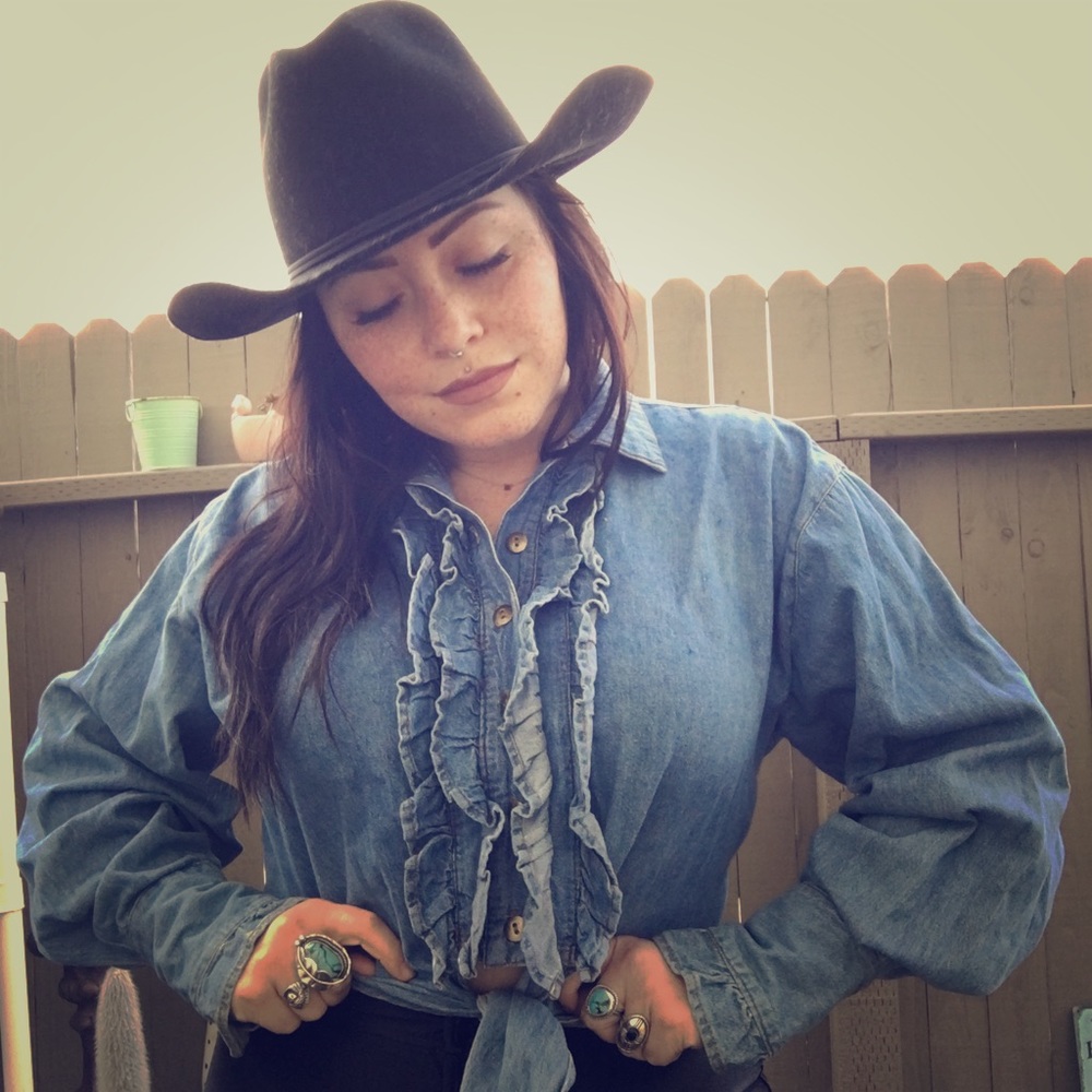 VINTAGE DENIM & RUFFLED long sleeve button up